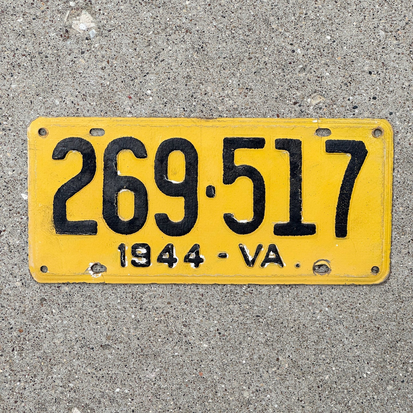 Photo of a 1944 Virginia Fiberboard License Plate Auto Tag Garage Decor Vintage High Quality 269 517 with original patina