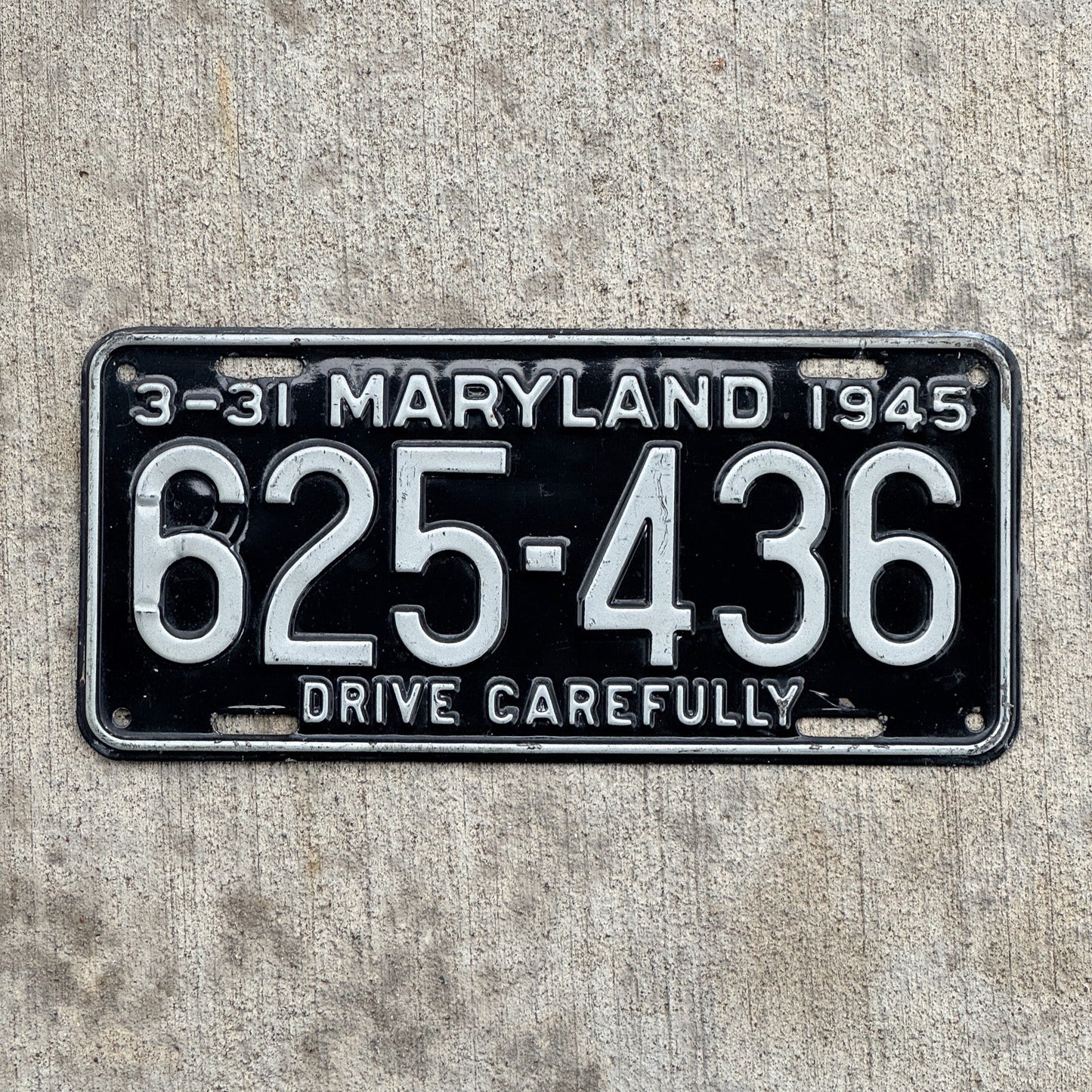 Photo of a 1945 Maryland License Plate Auto Tag Garage Decor Vintage High Quality Single Plate Year Restamped First Number 625 436 with original patina