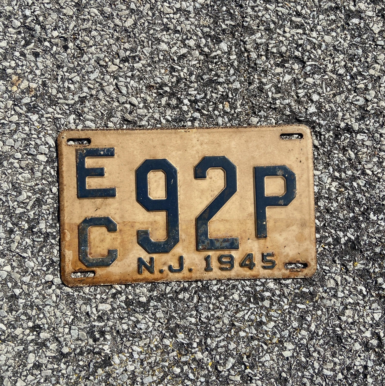 Photo of a 1945 New Jersey License Plate Auto Tag Garage Decor Vintage Initials Name EC 92 P