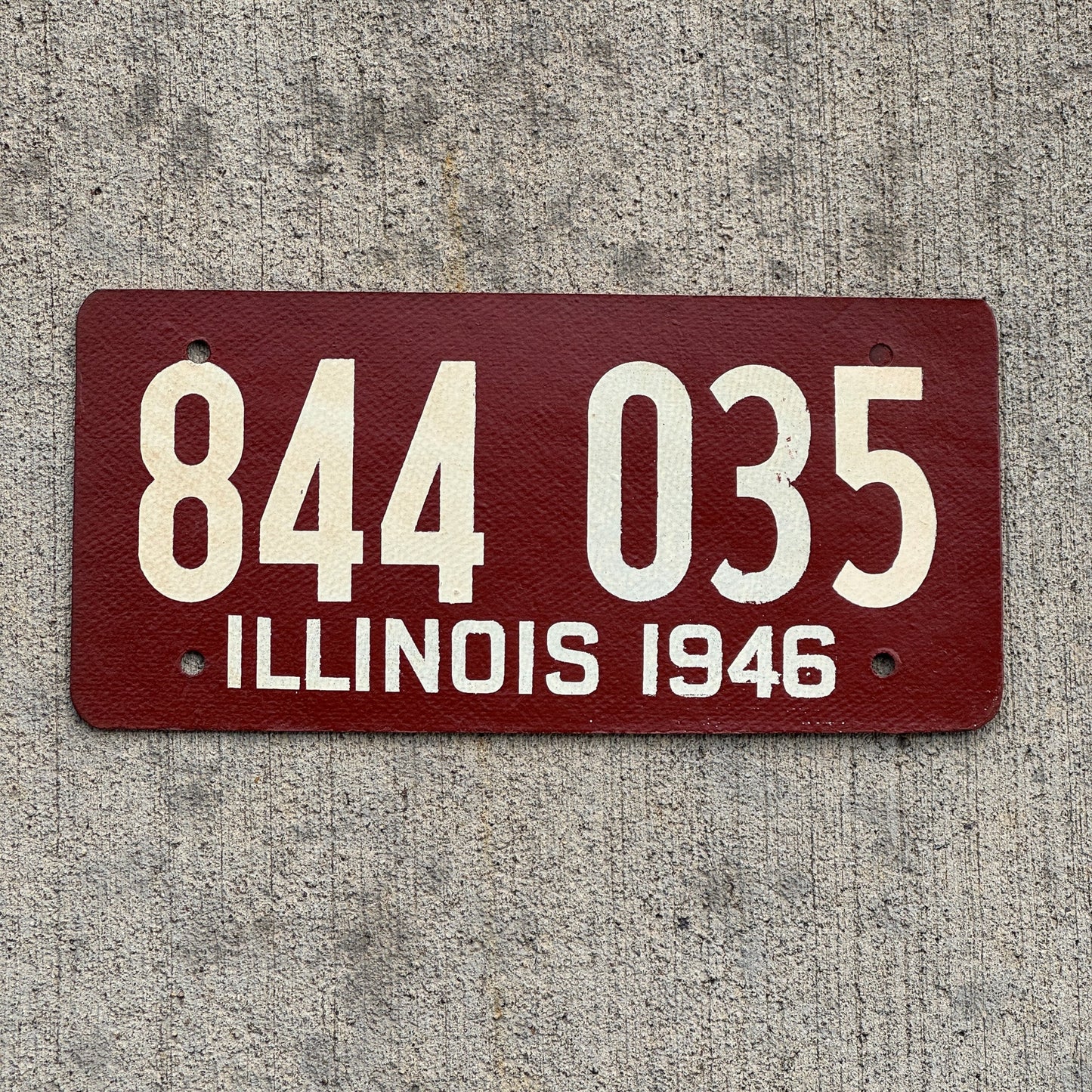 Photo of a 1946 Illinois Fiberboard License Plate Auto Tag Garage Decor Vintage High Quality 844 035 with original patina