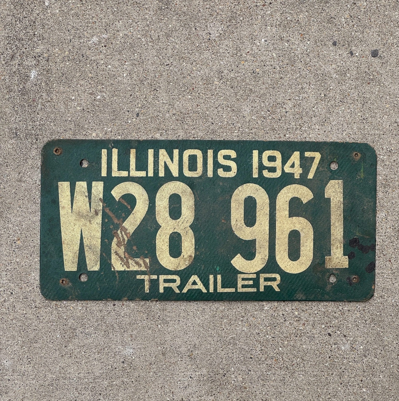 Photo of a 1947 Illinois Trailer License Plate Auto Tag Garage Decor Fiberboard W28 961 W 28 961