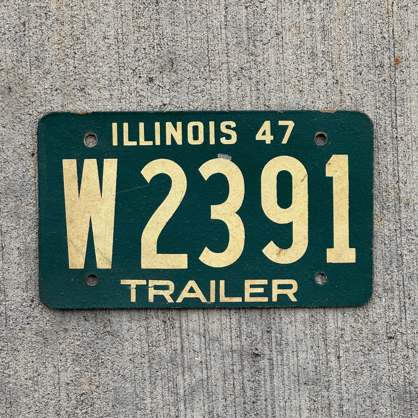 Photo of a 1947 Illinois Trailer License Plate Auto Tag Garage Decor Vintage Fiberboard W 2391 with original patina
