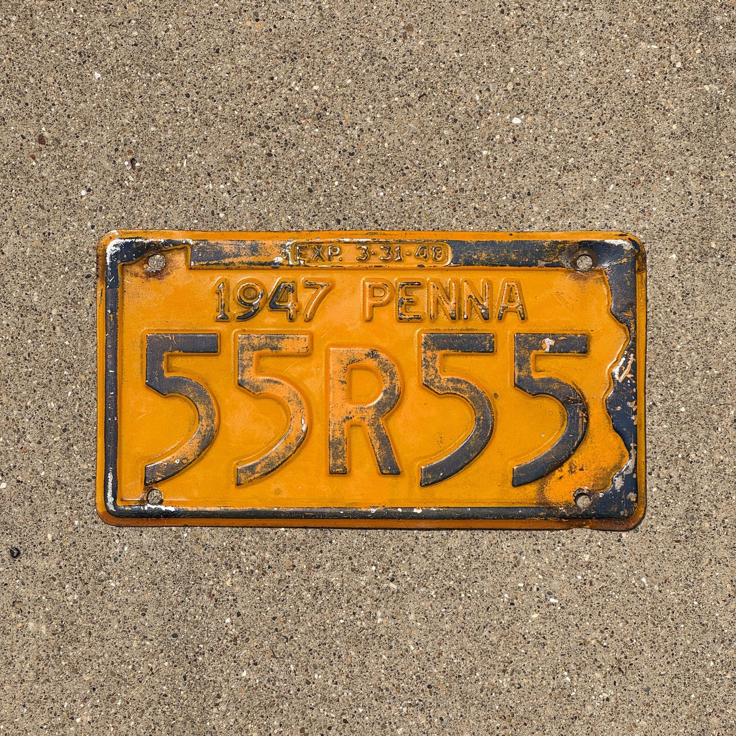 Photo of a 1947 Pennsylvania License Plate Auto Tag Garage Decor Vintage Repeat Repeating 55 R 55