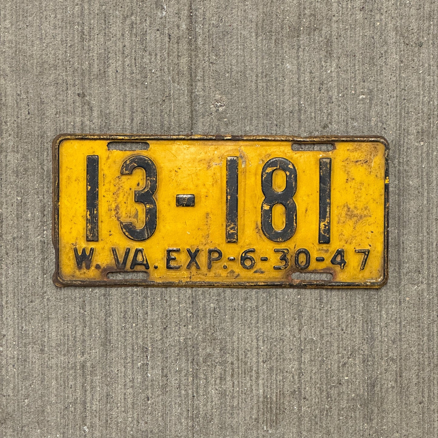 Photo of a 1947 West Virginia License Plate Auto Tag Garage Decor Vintage 13 181 with original patina