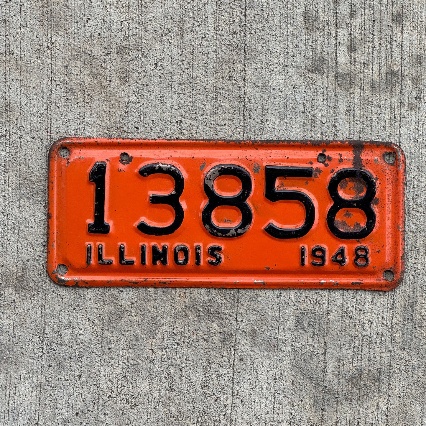 Photo of a 1948 Illinois Motorcycle License Plate Auto Tag Garage Decor Vintage 13858 with original patina