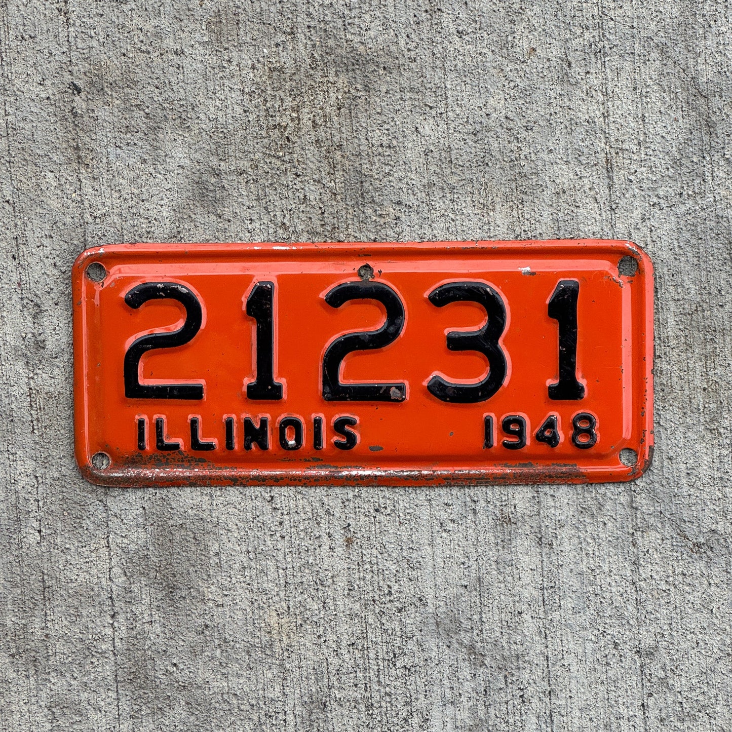 Photo of a 1948 Illinois Motorcycle License Plate Auto Tag Garage Decor Vintage 21231 with original patina