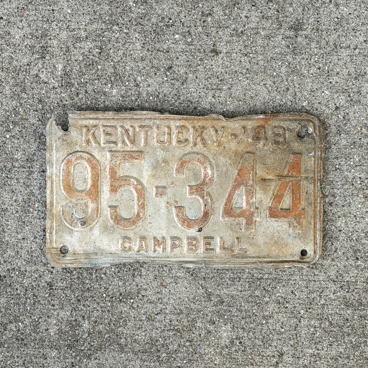 Photo of a 1948 Kentucky License Plate Auto Tag Garage Decor Vintage 95 344 with original patina