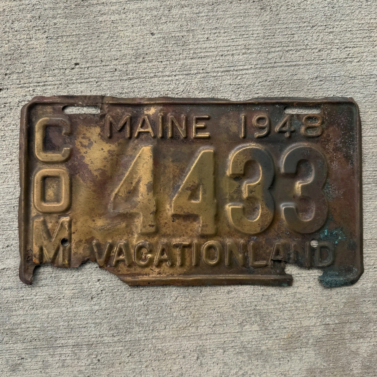 Photo of a 1948 Maine Commercial Truck License Plate Auto Tag Garage Decor Vintage Brass Orange 4433