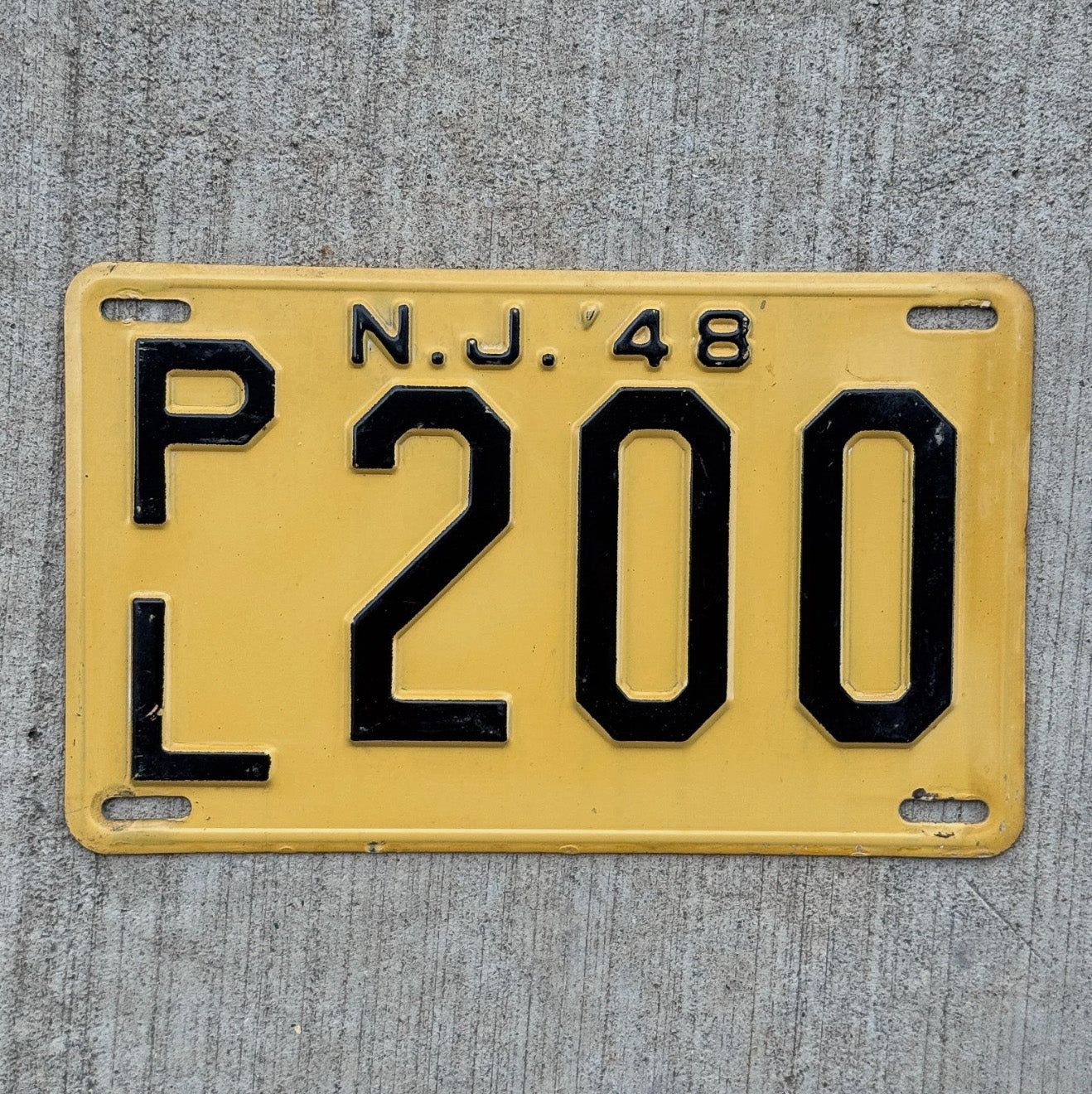 Photo of a 1948 New Jersey License Plate Auto Tag Garage Decor Vintage High Quality PL 200 with original patina