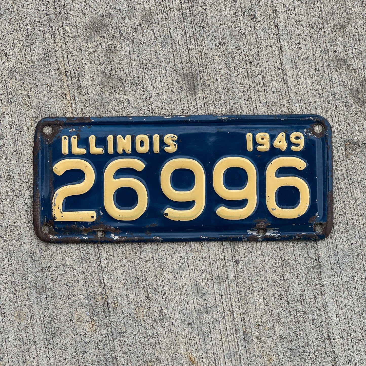 Photo of a 1949 Illinois Motorcycle License Plate Auto Tag Garage Decor Vintage 26996 with original patina