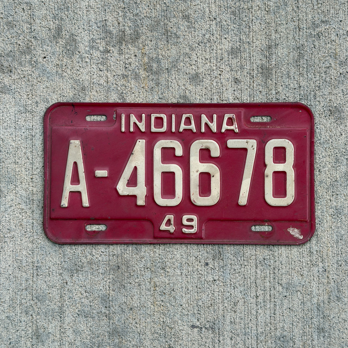 Photo of a 1949 Indiana License Plate Auto Tag Garage Decor Vintage A 46678 with original patina