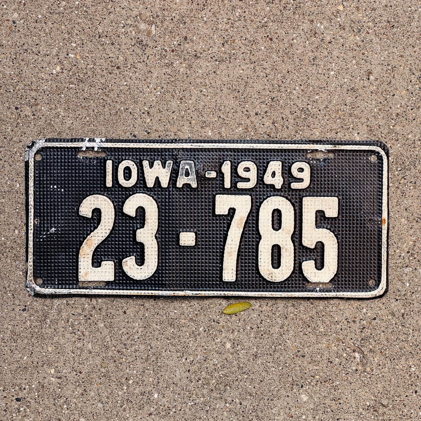 Photo of a 1949 Iowa License Plate Auto Tag 1 Garage Decor Waffle Style 23 785 with original patina