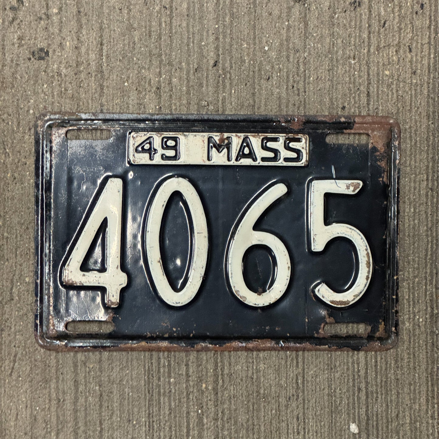 Photo of a 1949 Massachusetts License Plate Auto Tag Garage Decor Vintage Four Digit 4065