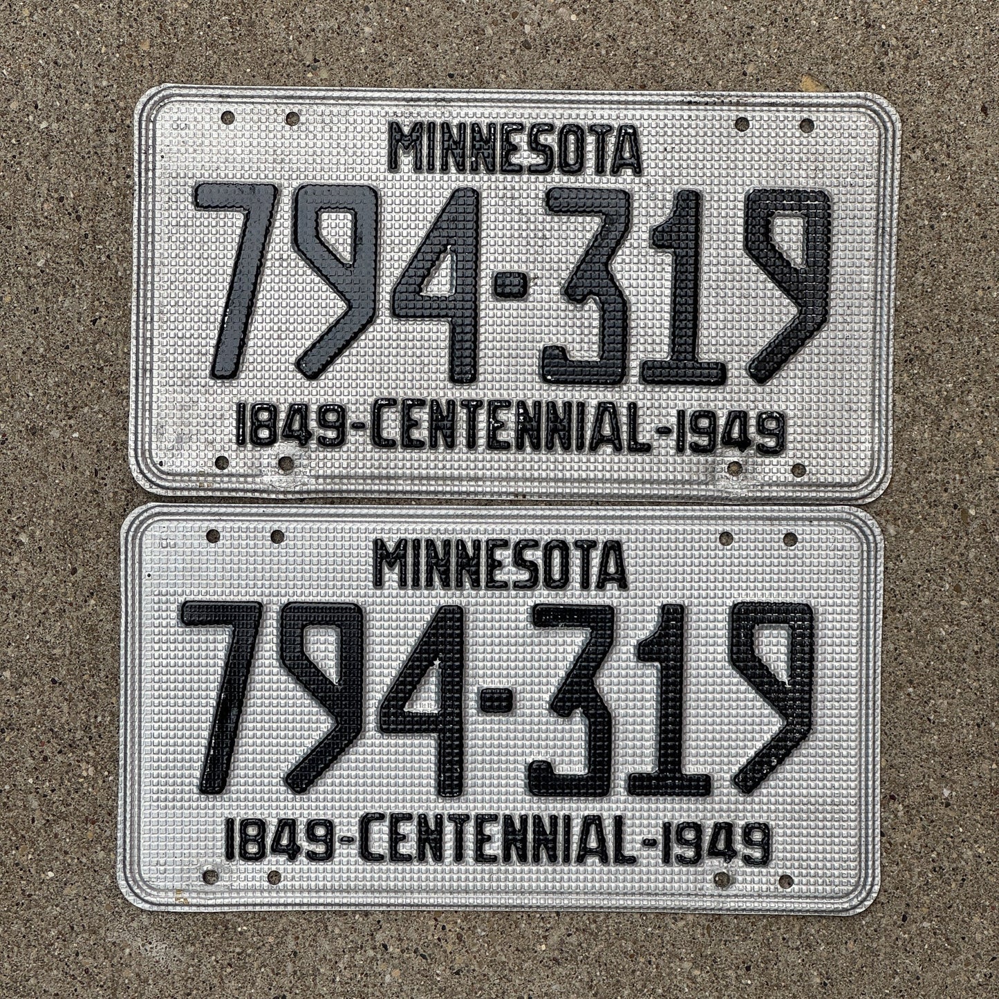 Photo of a 1949 Minnesota License Plate Pair Auto Tag Garage Decor Vintage Waffle Style 794 319 with original patina