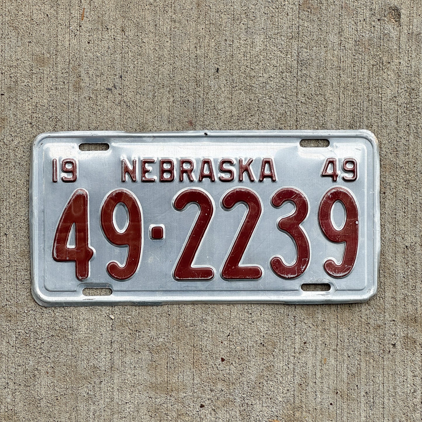 Photo of a 1949 Nebraska License Plate Auto Tag Garage Decor Vintage 49 2239 with original patina