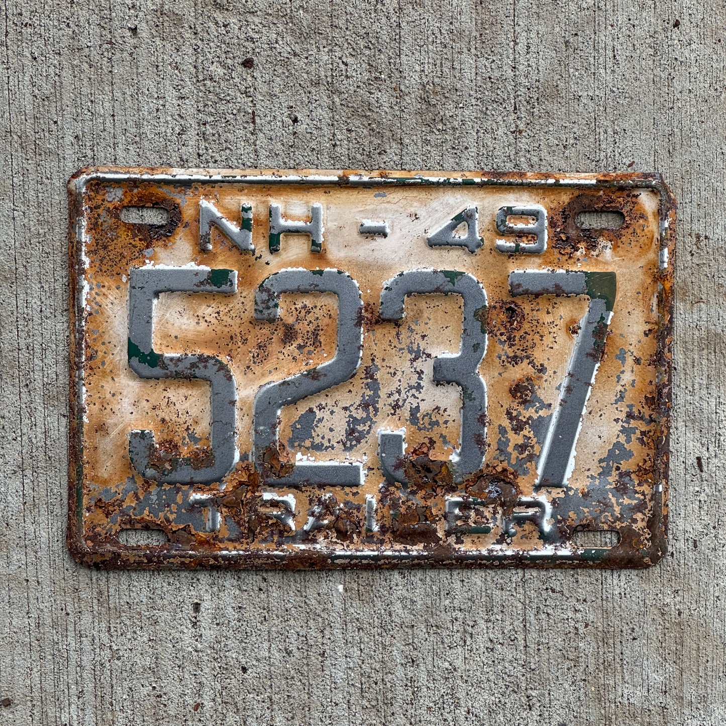 Photo of a 1949 New Hampshire Trailer License Plate Auto Tag Garage Decor Vintage 5237 with original patina