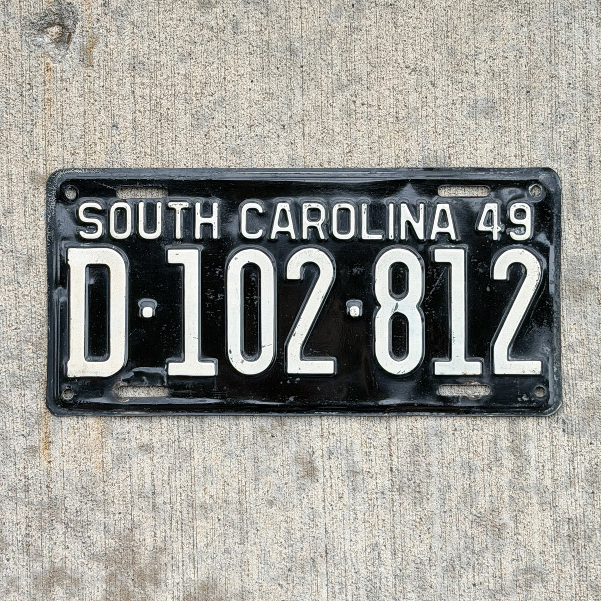 Photo of a 1949 South Carolina License Plate Auto Tag Garage Decor Vintage Nice Quality D 102 812 with original patina