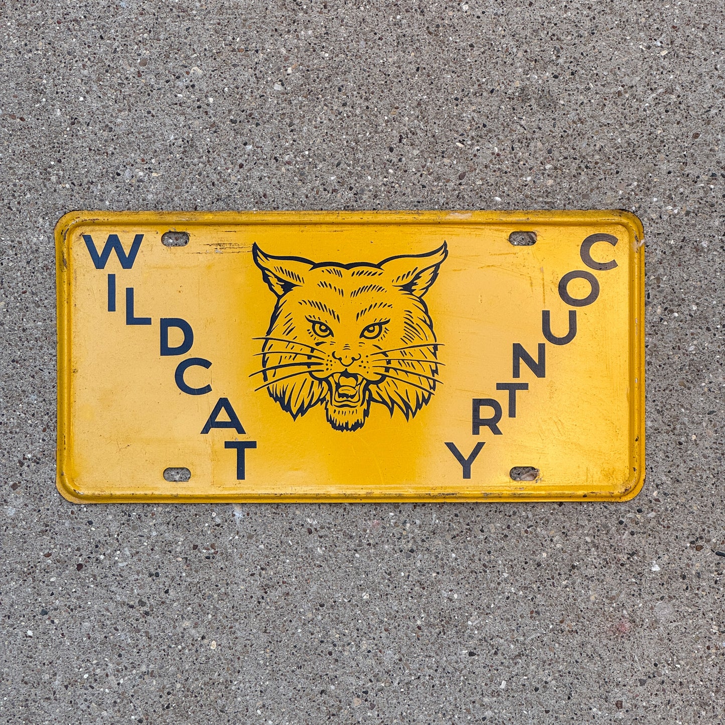 Photo of a 1950 Era Booster License Plate Auto Tag Garage Decor New Old Stock with Rice Paper Wildcat Country with original patina