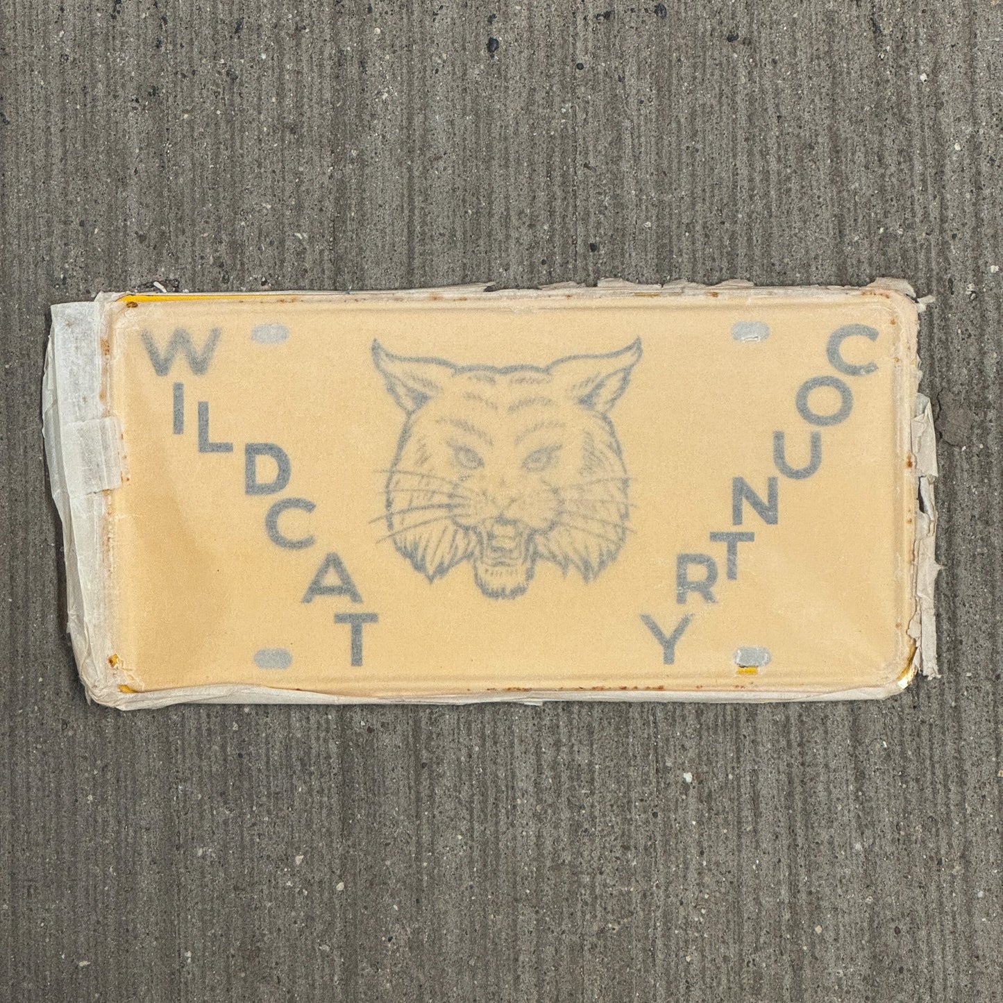 Photo of a 1950 Era Booster License Plate Auto Tag 12 Garage Decor New Old Stock with Rice Paper Wildcat Country with original patina