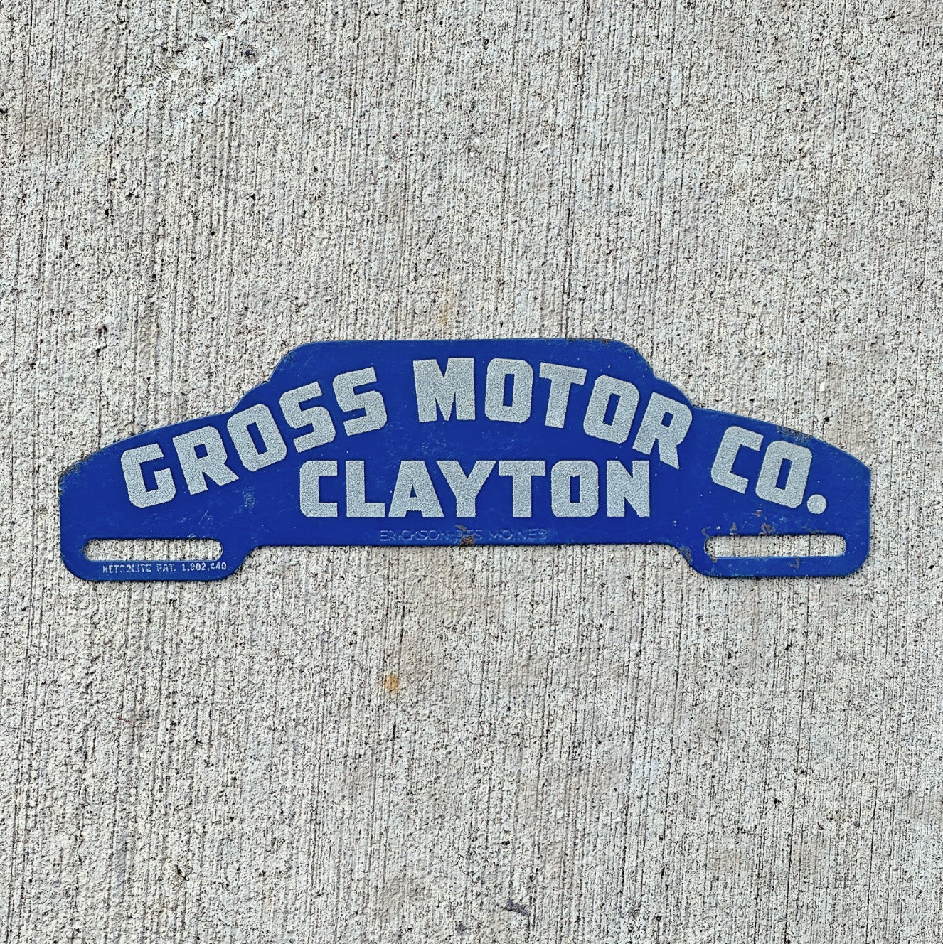 Photo of a 1950 Era Clayton Illinois License Plate Topper Auto Tag Garage Decor Vintage Gross Motor Co. Ford Dealer with original patina
