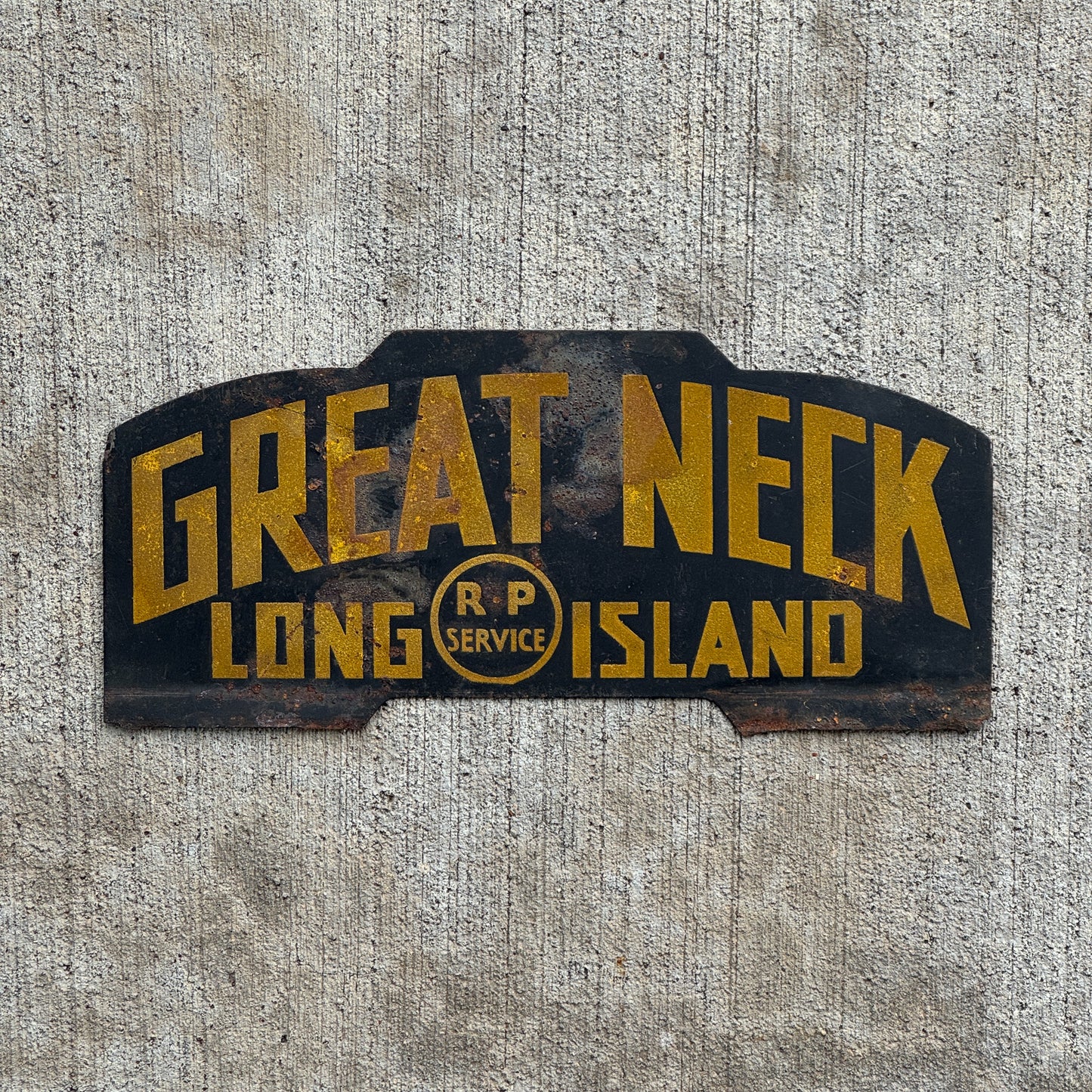 Photo of a 1950 Era Great Neck Long Island New York License Plate Topper Auto Tag Garage Decor Vintage R and P Service Smaltz Paint with original patina