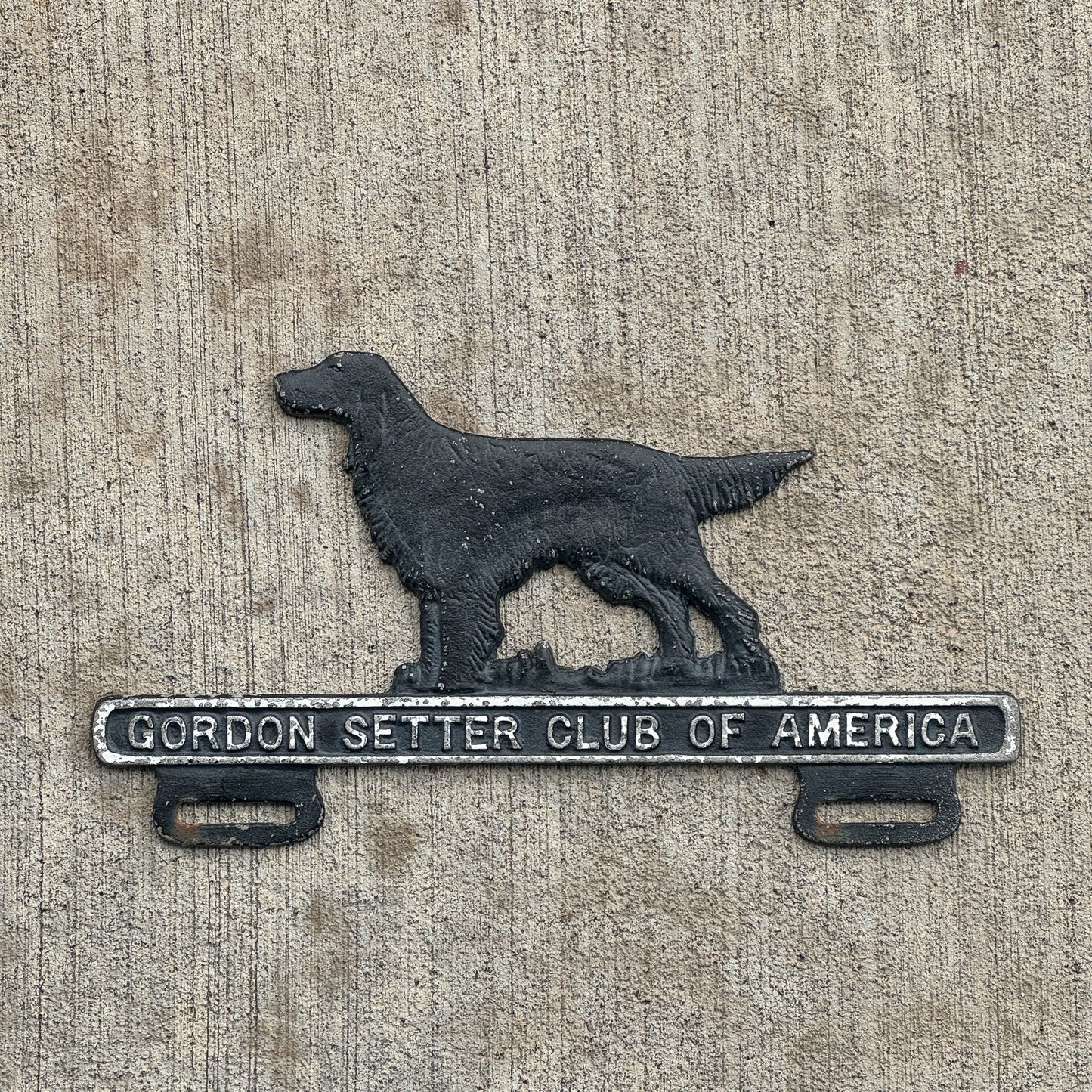 Photo of a 1950 Era License Plate Topper Auto Tag Garage Decor Vintage Dog Puppy Lover Gift Gordon Setter Club of America with original patina