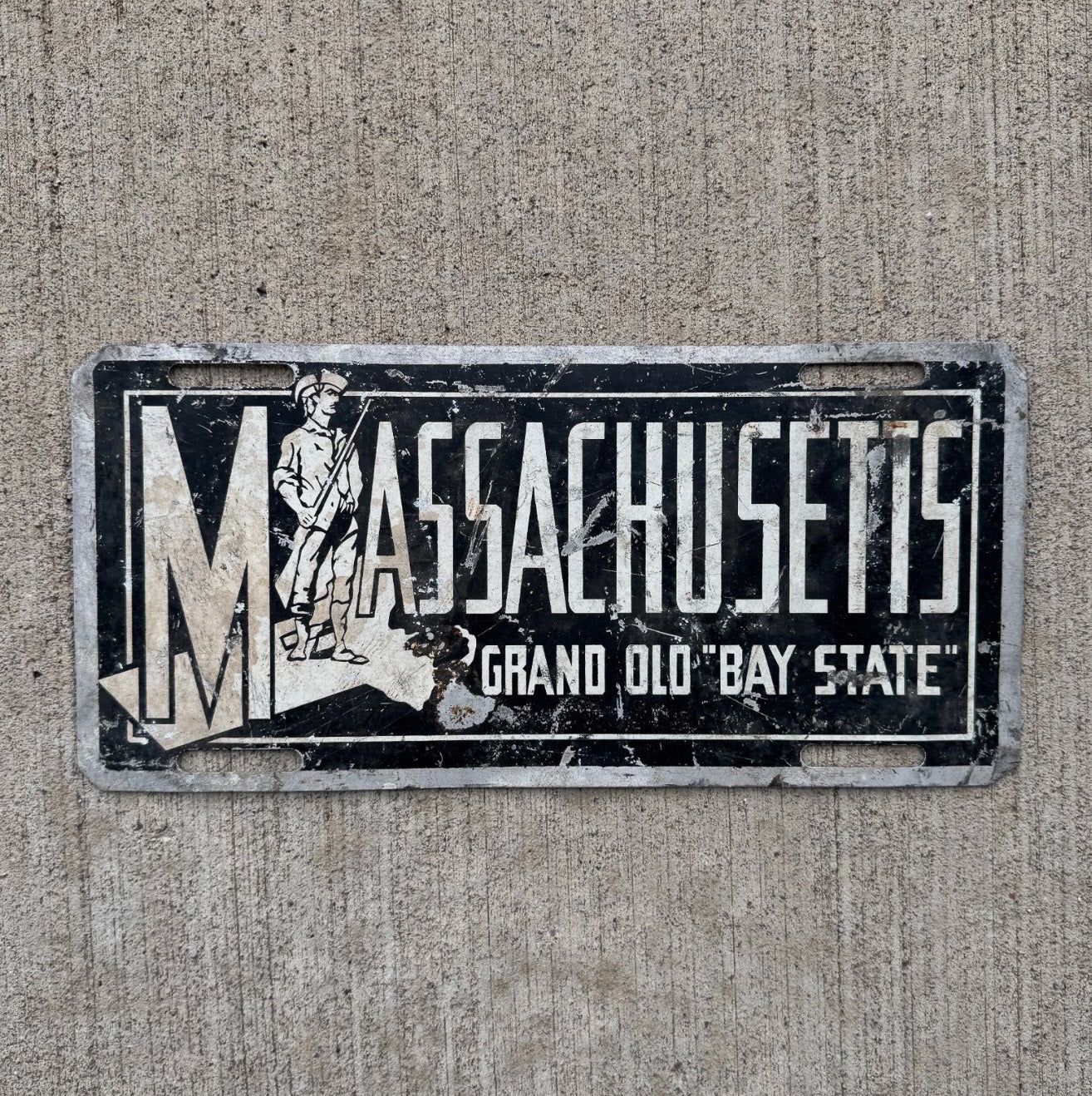Photo of a 1950 Era Massachusetts Booster License Plate Auto Tag Garage Decor Vintage Grand Old Bay State with original patina