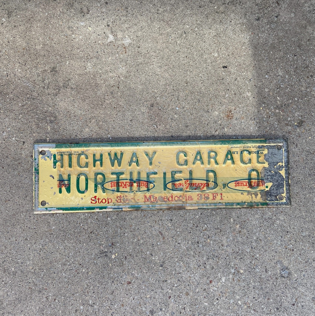 Photo of a 1950 Era Ohio License Plate Topper Auto Tag Garage Decor Vintage Northfield Highway Garage Car Dealer Auto