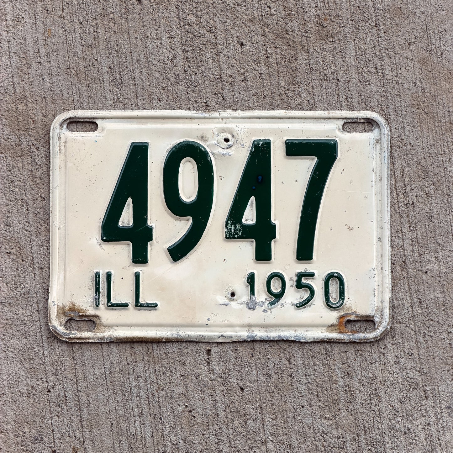 Photo of a 1950 Illinois License Plate Auto Tag Garage Decor Vintage Low Number Four Digit 4947 with original patina