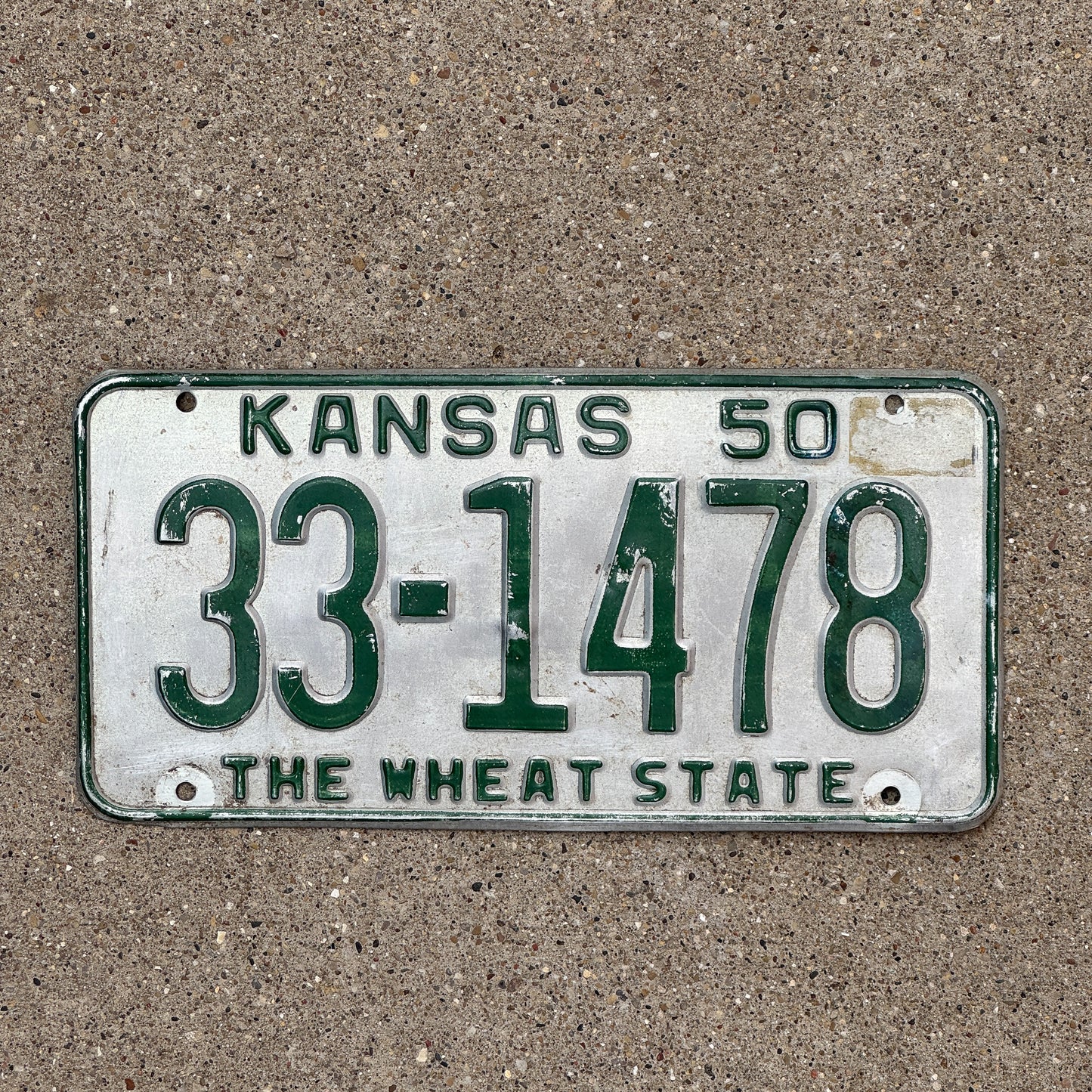 Photo of a 1950 Kansas License Plate Auto Tag Garage Decor Vintage 33 1478 with original patina