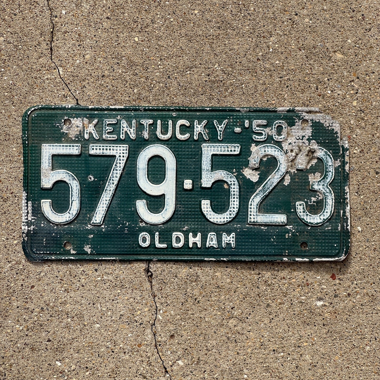 Photo of a 1950 Kentucky License Plate Auto Tag Garage Decor Vintage Oldham Waffle 579 523