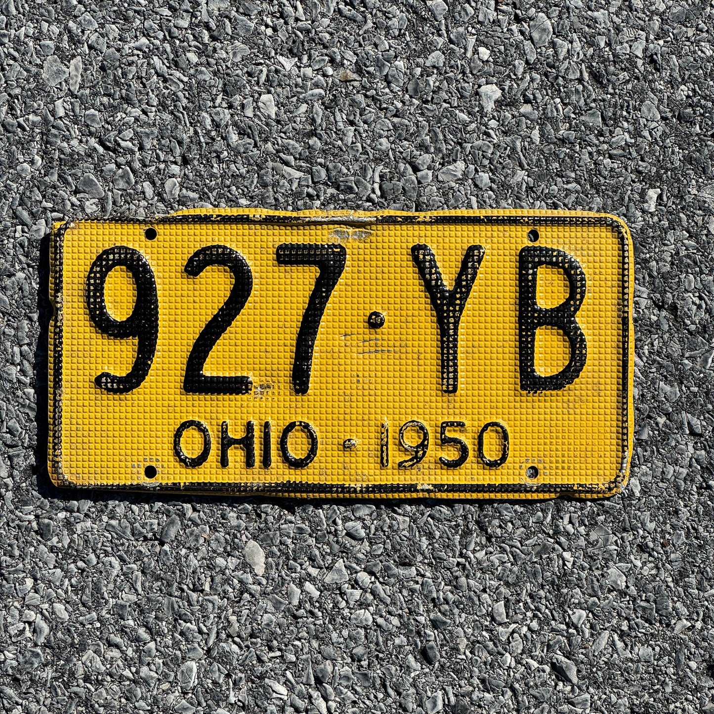 Photo of a 1950 Ohio License Plate Auto Tag Garage Decor Vintage Waffle Style 927 YB