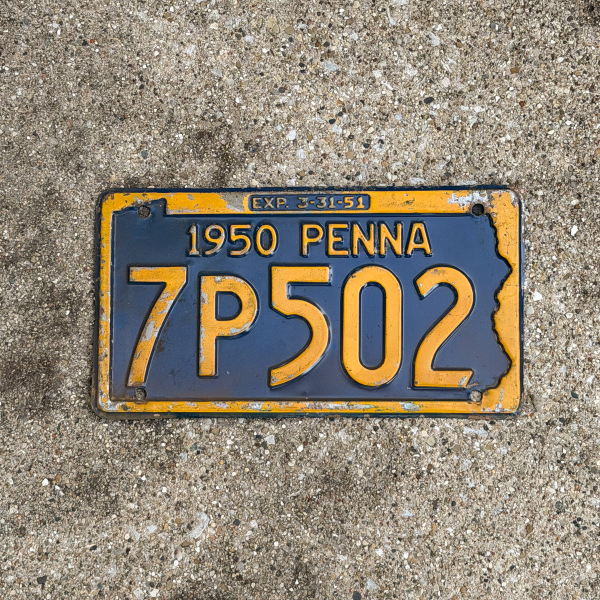 Photo of a 1950 Pennsylvania License Plate Auto Tag Garage Decor Vintage 7P502 with original patina