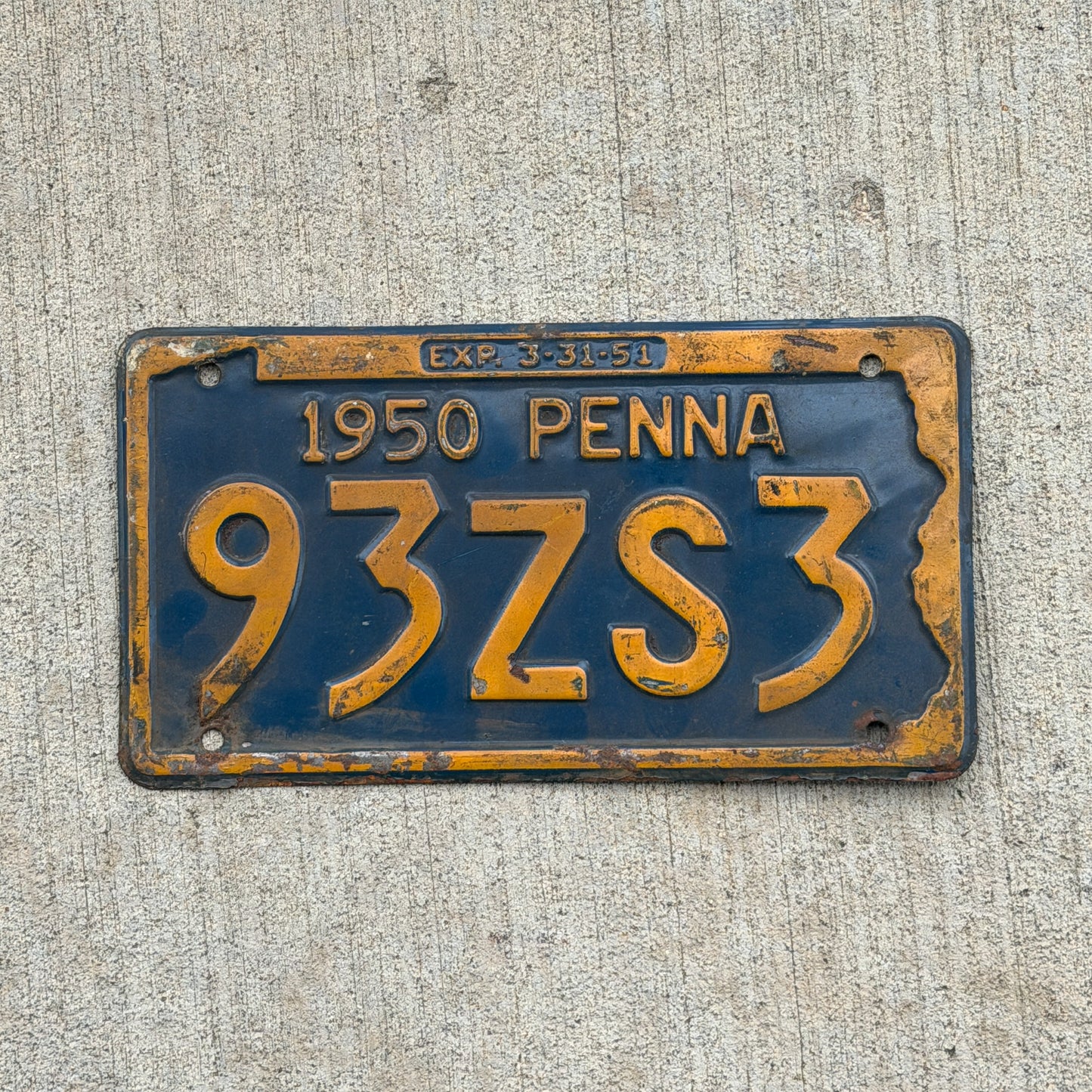 Photo of a 1950 Pennsylvania License Plate Auto Tag Garage Decor Vintage 93 ZS 3 with original patina