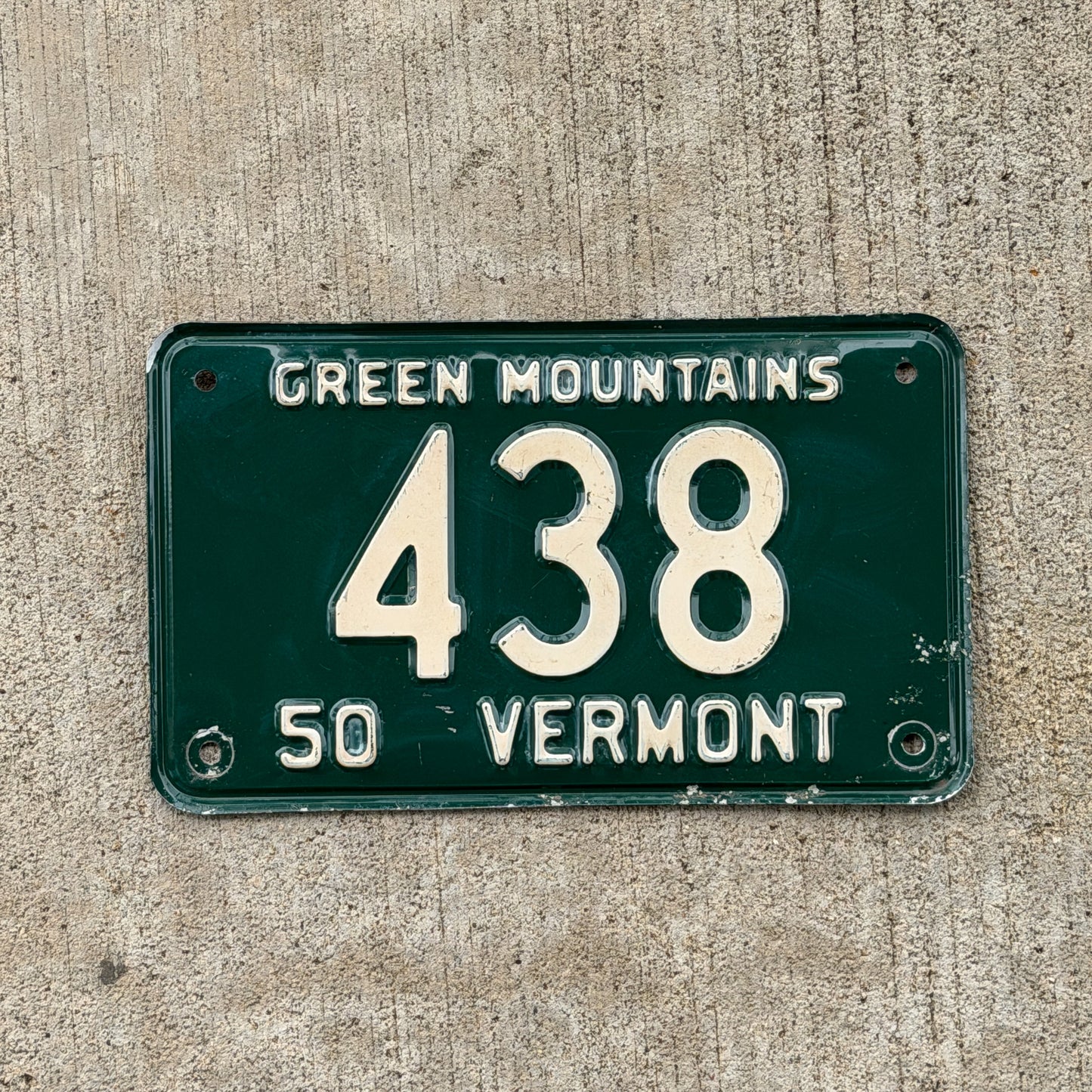 Photo of a 1950 Vermont License Plate Auto Tag Garage Decor Vintage Low Number Three Digit 438 with original patina