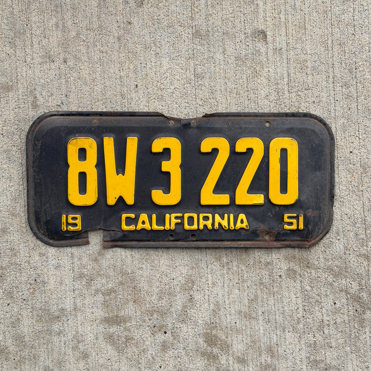 Photo of a 1951 California License Plate Auto Tag Garage Decor Vintage 8W 3220 with original patina