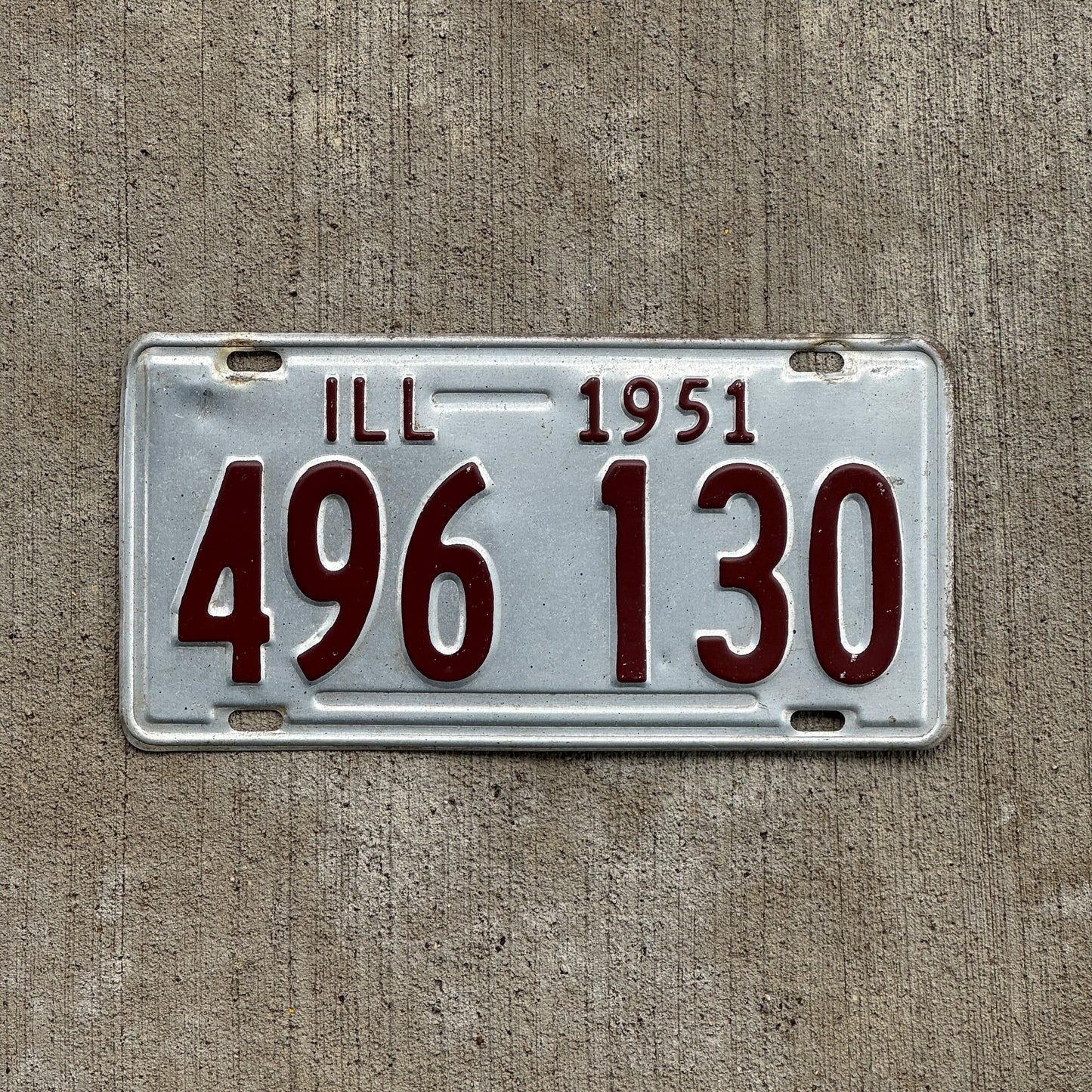 Photo of a 1951 Illinois License Plate Auto Tag Garage Decor Vintage 496 130 with original patina