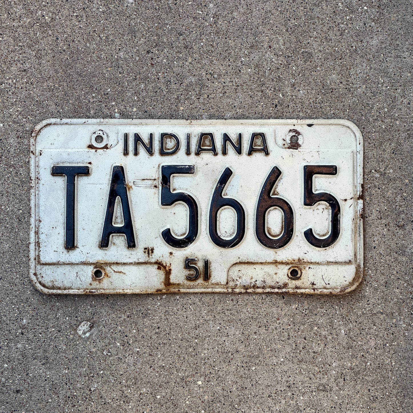 Photo of a 1951 Indiana License Plate Auto Tag Garage Decor Vintage TA 5665 with original patina