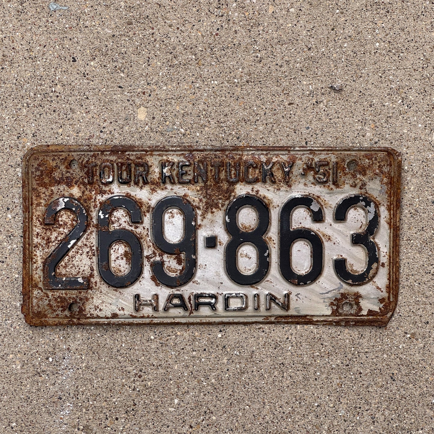 Photo of a 1951 Kentucky License Plate Auto Tag Garage Decor Vintage Hardin County 269 863 with original patina