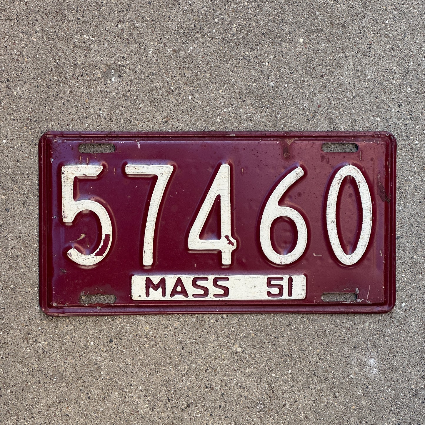 Photo of a 1951 Massachusetts License Plate Auto Tag Garage Decor Vintage 57460 with original patina