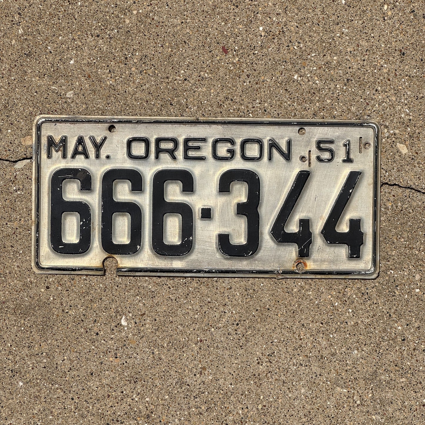 Photo of a 1951 Oregon License Plate Auto Tag Garage Decor Vintage Devil Evil Repeat 666 344