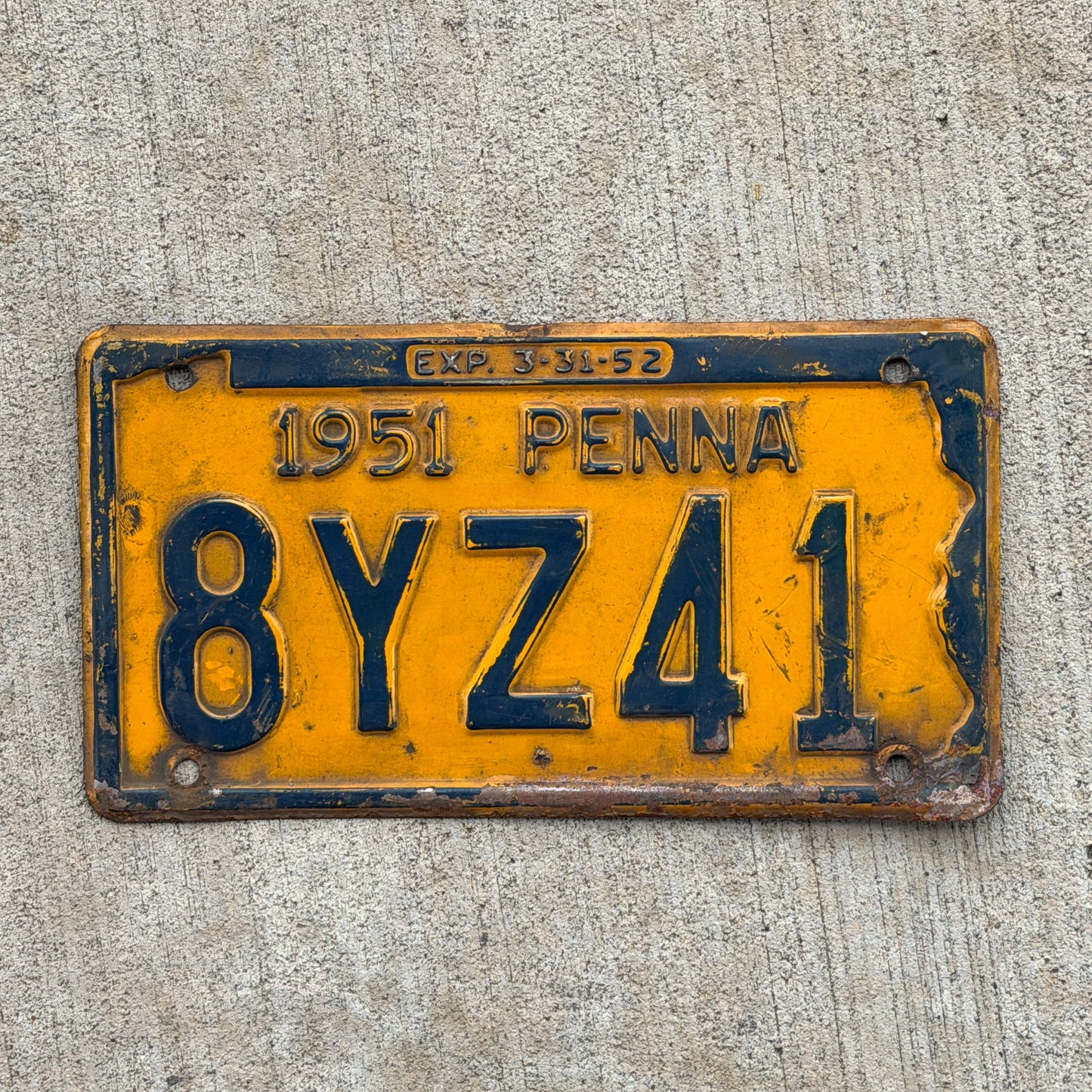 Photo of a 1951 Pennsylvania License Plate Auto Tag Garage Decor Vintage 8 YZ 41 with original patina