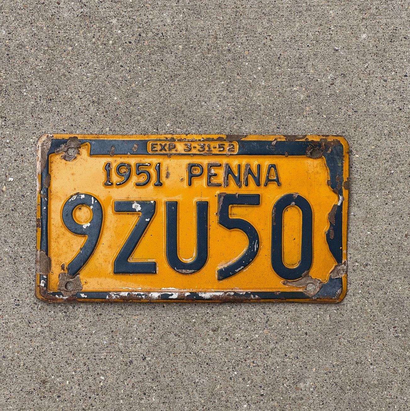 Photo of a 1951 Pennsylvania License Plate Auto Tag Garage Decor Vintage 9 ZU 50