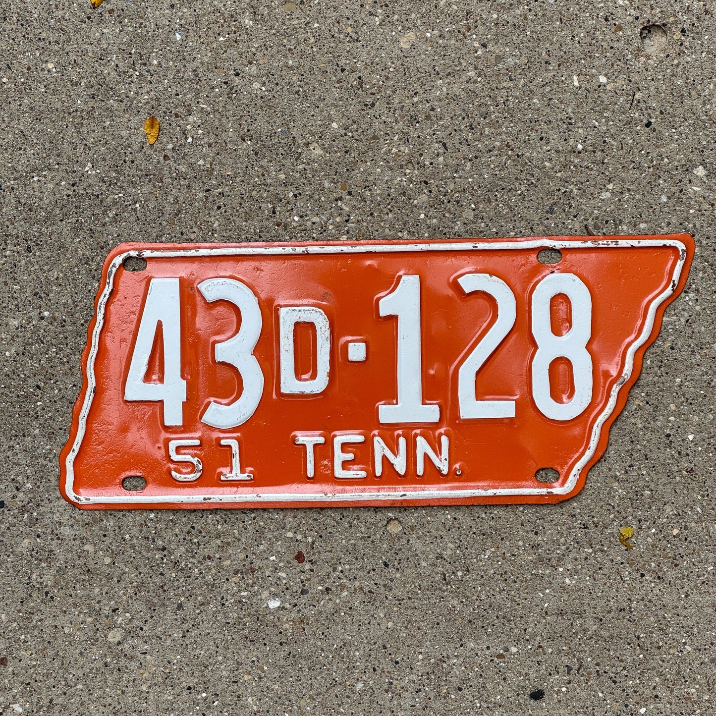 Photo of a 1951 Tennessee License Plate Auto Tag Garage Decor Vintage State Shape Vols Colors 43 D 128