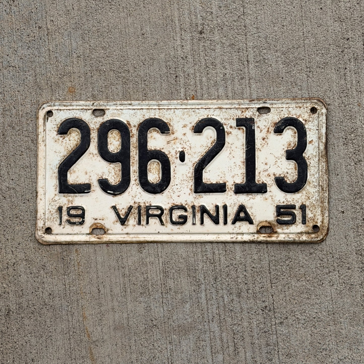 Photo of a 1951 Virginia License Plate Auto Tag Garage Decor Vintage 296 213 with original patina