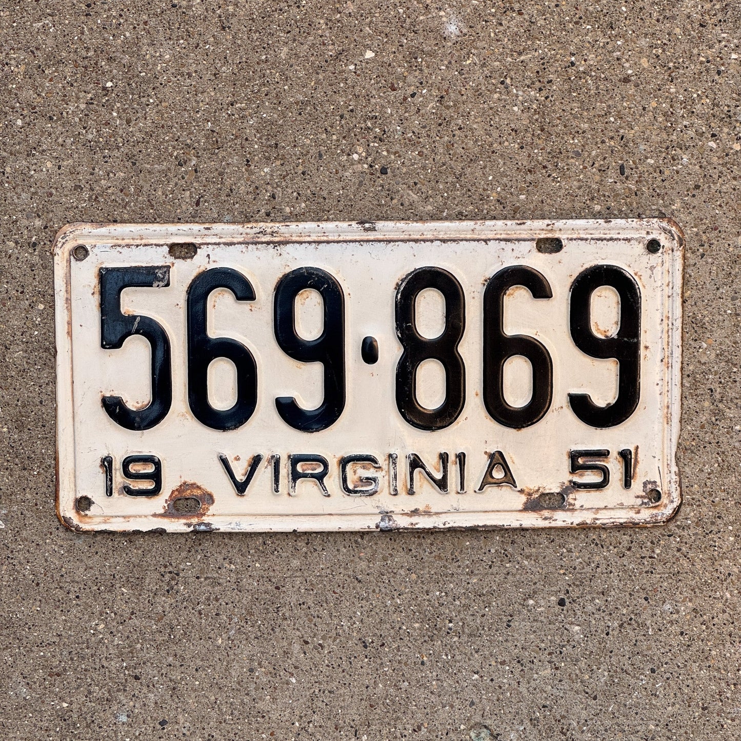 Photo of a 1951 Virginia License Plate Auto Tag Garage Decor Vintage 569 869 with original patina