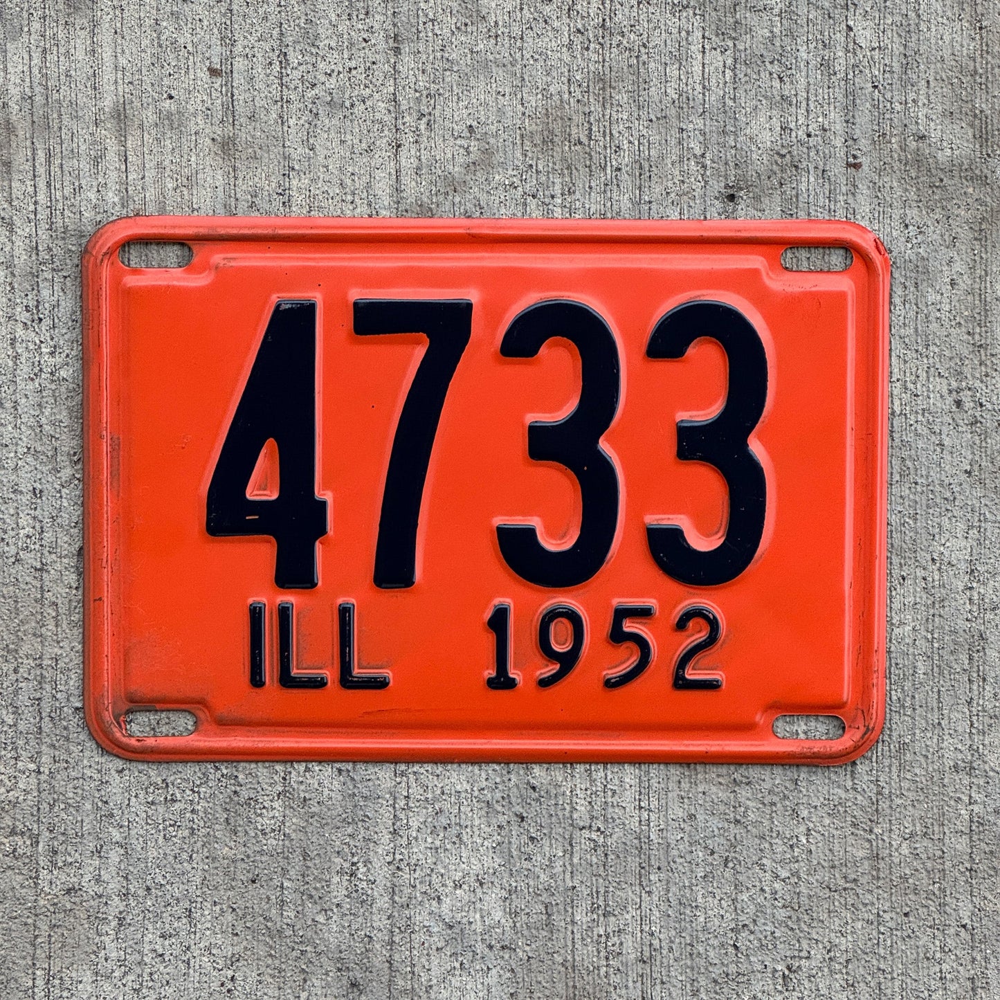 Photo of a 1952 Illinois License Plate Auto Tag Garage Decor Vintage Low Number Four Digit 4733 with original patina