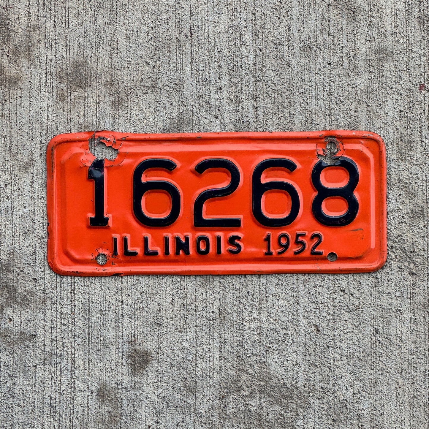 Photo of a 1952 Illinois Motorcycle License Plate Auto Tag Garage Decor Vintage 16268 with original patina