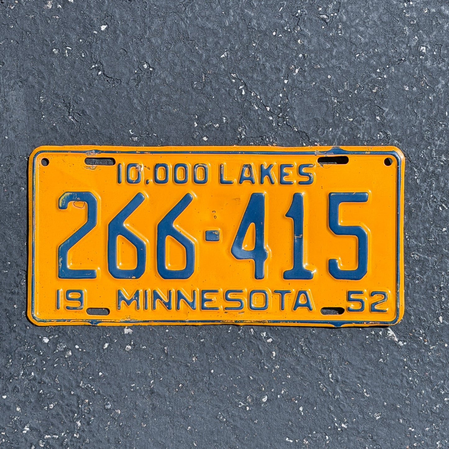 Photo of a 1952 Minnesota License Plate Auto Tag Garage Decor Vintage 266 415 with original patina