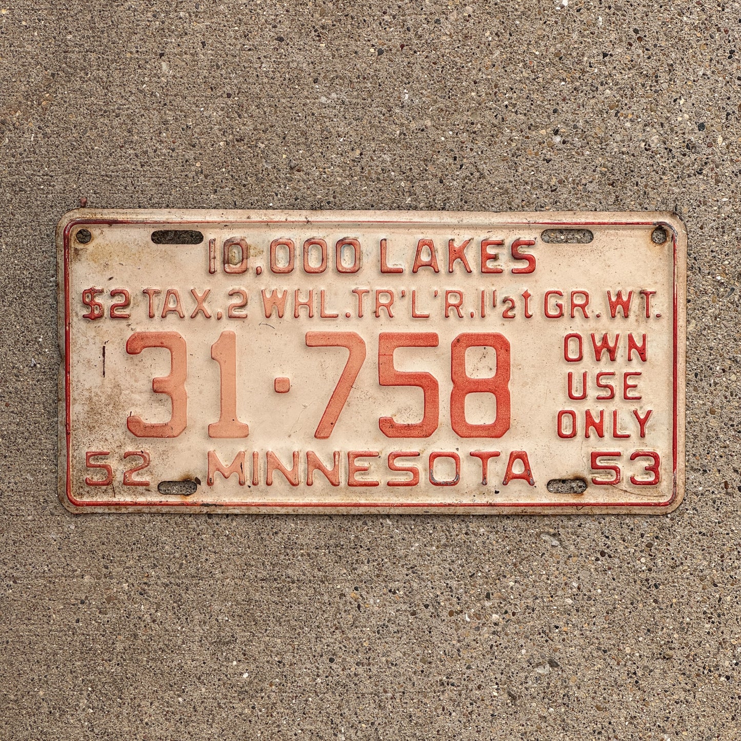 Photo of a 1952 Minnesota Private Trailer License Plate Auto Tag Garage Decor Vintage 31 758 with original patina